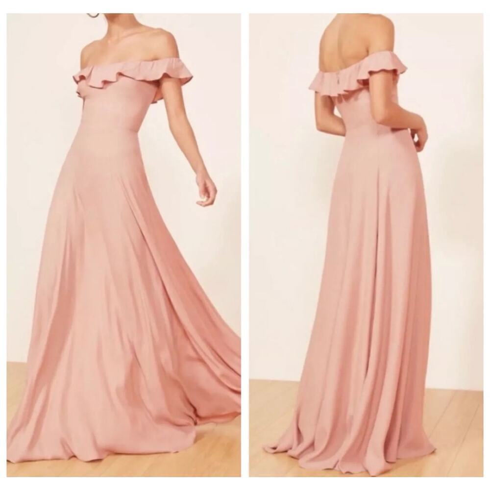 Reformation Verbena Off the Shoulder Ruffle Gown Short Sleeve Blush Pink Size 8